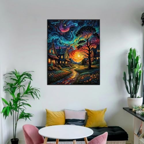 ldazao Framed Starry Paint by Numbers Kit for Adults, Country Night Paint by Number Artist Kits for Beginner Moon for Gift Home Wall Decor 9.5x12 Inch