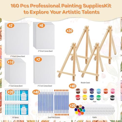 Engrowtic 160 Pcs 20 Set Paint and Sip Kit for Adult Include Blank Mini Canvas Boards Wooden Easels Painting Strips Brushes Palettes Disposable Aprons for Party Paint and Sip Date Night Kits