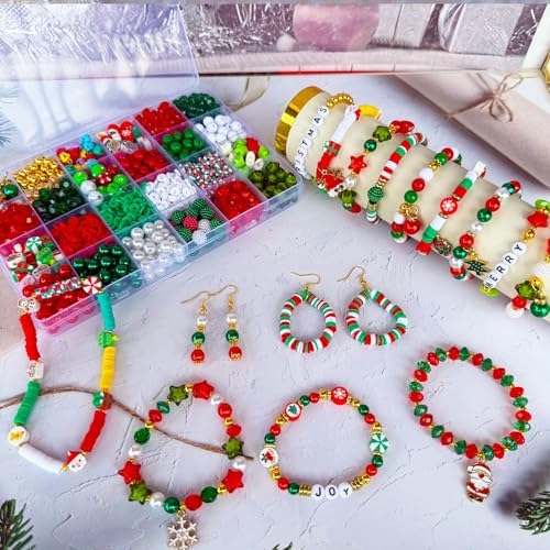 1540PCS Christmas Beads for Bracelets Jewelry Making Kit, Christmas Tree Snowflake Charms, Red Green Xmas Clay Beads Assorted Acrylic Crystal Round Pearl Star Spacer Bead for DIY Crafts Necklace