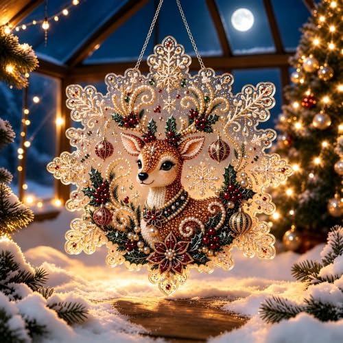 Cheerdox Christmas Pearl Diamond Arts Suncatcher DIY Kit, 5D Diamond Pearl Art Painting Acrylic Round Board with Lace Edge, Christmas Diamond Art Beads Craft Kit for Holiday (Style H)