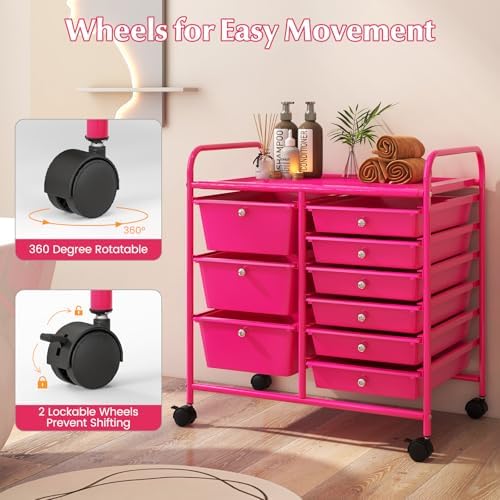 LDAILY 9 Drawer Rolling Storage Cart, Rolling Cart with Drawers for Classroom, Art Supply Craft Organizer on Wheel with Metal Frame & Handles for Home Office School