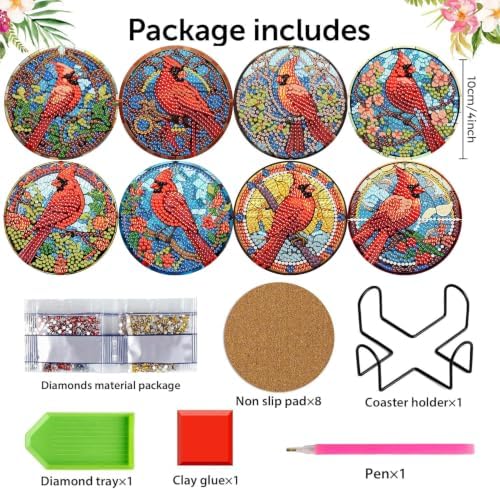Christmas Cardinal Diamond Art Coasters Kit,8 Pcs Diamond Painting Coasters