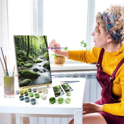 JOOZ Paint by Numbers Kit for Adults with Frame Landscape Paint by Number with Easel Forest Adult Paint by Number Kits Framed Canvas Tree Oil Painting Kits for Gift Home Wall Decor 8x12 Inch