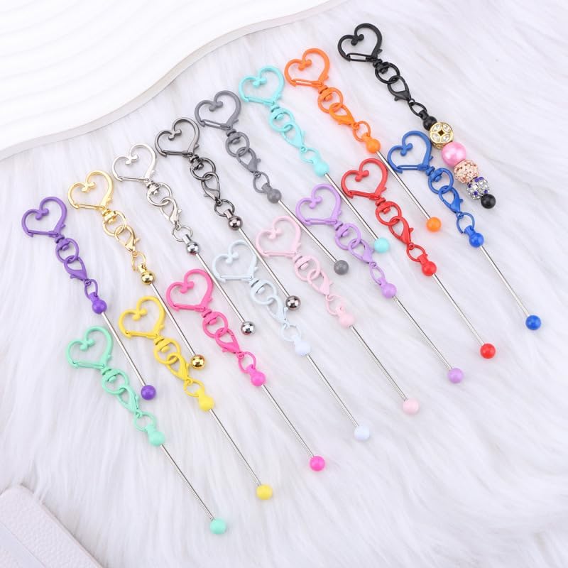 Beadable Keychain Colorful Heart/Triangle Shaped Blank Bar with Snap Hook for DIY Craft Making Kit