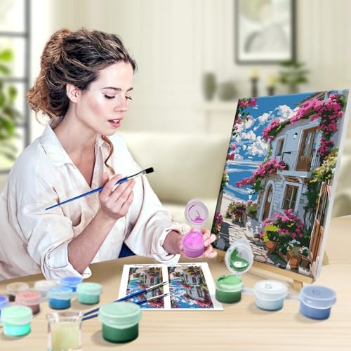 JOOZ Paint by Numbers Kit for Adults with Frame, Seaside Scene Paint by Number with Easel, DIY House Flowers Oil Painting by Numbers, Adult Paint by Number Kits Landscape for Wall Decor 8x12 Inch