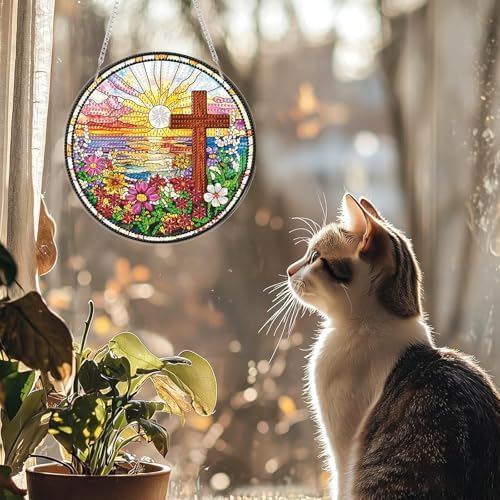 CRZMODE Cross Diamond Art Hanging Kit for Adults, Cross Pendant Diamonds Painting Art Kit, Special Crystal Diamond Art Painting Pendant Ornament, Craft Gift for Women Home Window Decor