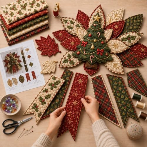 Festive Quilted Christmas Door Hanging DIY Sewing Kit, Christmas Quilted Bow DIY Kit with Fabric, Batting, Thread, Templates & Instructions, Patchwork Hanging Decor Kit for Door Wall Display