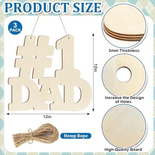 Large 12" Wooden Fathers Day Crafts for Kids Ornaments to Paint DAD, DIY Blank Unfinished Father's Door Sign Wreaths for Front Door Plaque Photo Props Gifts Hanging Daddy Birthday Party Supplies Decor
