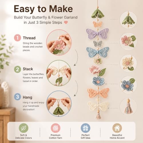 Butterfly Garden Cascade DIY Crochet Kit, Handmade Hanging Crafts，#E