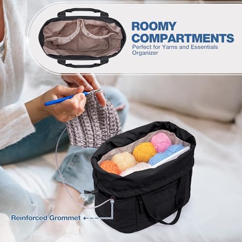Teamoy Small Knitting Bag, Yarn Storage Tote, Crochet Bag Organizer, Black