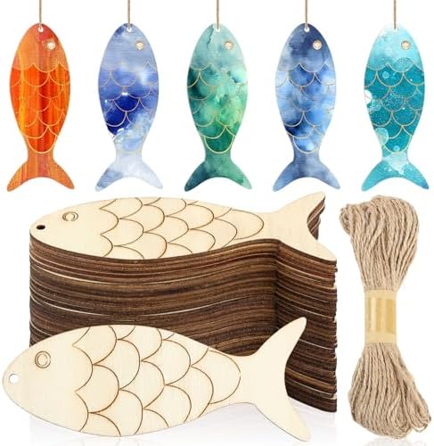 Gerrii 72 Pieces Blank Wood Fish Cutouts Hanging Ornaments for DIY Crafts
