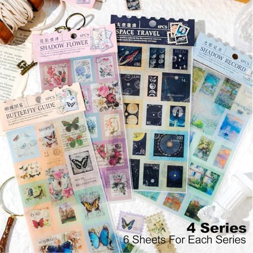 24Pcs Retro Stamp Washi Stickers, Vintage Stickers for Scrapbooking, DIY Crafts, Journaling Supplies & Junk Journal Ephemera