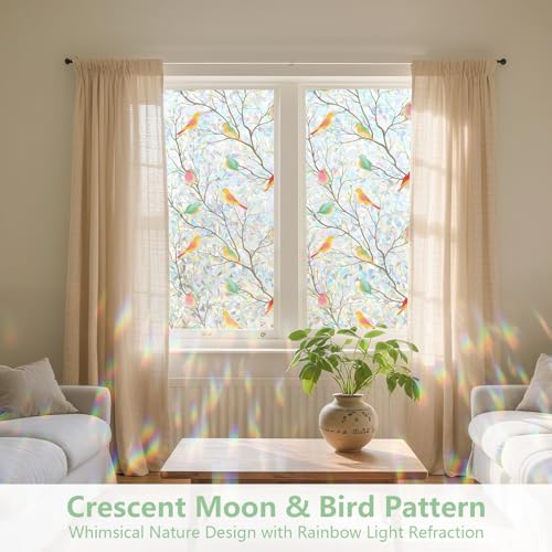 Kromapolis Window Privacy Film, Stained Glass Rainbow Bird, 17.5″ x 157.4″
