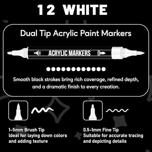 Pagather White Acrylic Paint Markers, 12 Dual Tip with Fine Tip and Brush Tip Pens for Fabric, Stone, Wood, Canvas, Ceramic, Metal, Glass, Rock Painting, DIY Crafts