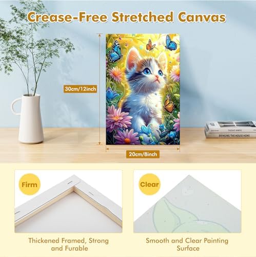 Bowetile Framed Paint by Numbers Cat for Adults Beginners, Adults' Paint-by-Number Cat Kits, Easy Adult Paint by Number Kits on Canvas, Acrylic Animals Number Painting for Home Decor, 8x12in