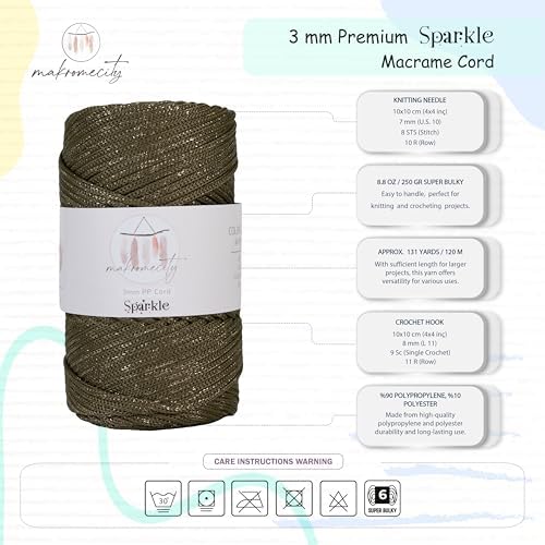 Makromecity Sparkle 2 Skeins of Polypropylene Macrame Cord 3mm x 131 Yards (394 feet) Premium Polyester Macrame Cord for Macrame Art & Crafts for Wall Hangings, Bags, Underplate, Rug