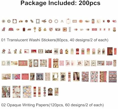 200PCS Vintage Scrapbooking Supplies Pack, Aesthetic Scrapbook Sticker Paper Art Journaling Kit for Junk Journals,Planner,Cottagecore Decor Gifts (Pink Retro Collection)