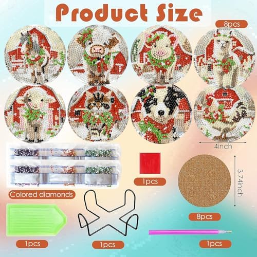 8 Pack Christmas Diamond Art Coasters Kits, (Cork Wooden Pad) 4x4 inch