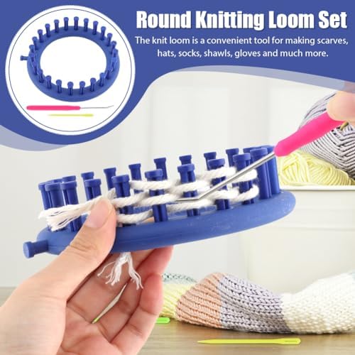 Round Knitting Looms Set, Plastic Loom Knitting Set with Crochet and Plastic Needle, Scarf Hats Making Tools, DIY Crocheting Handmade Craft Kit for Beginners and Knittings Lover (Blue, 5.5inch)
