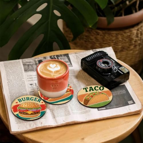 CRZMODE 8 Pcs Burger Diamond Art Coasters Kits, Diamond Painting Coasters with Holder Set of 8, DIY Burger Art Crafts Supplies for Adults Cup Mat House Warming Gifts Non-Slip