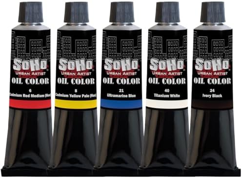 Soho Urban Artist Oil Paint Basic Set of 5-50 mL Tubes, Triple-Milled Oils with Refined Linseed - Smooth Application, True Color Mixes, Ideal for Brushes & Palette Knives