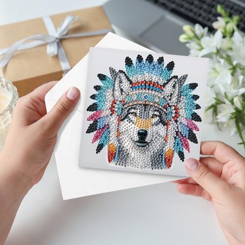 6 Pack 5D Diamond Art Greeting Cards Kit with Envelopes, Wolf with Native American Headdress Design, DIY Special Shape Diamond Painting Greeting Card for Adults, Handmade Card Craft Gift Set