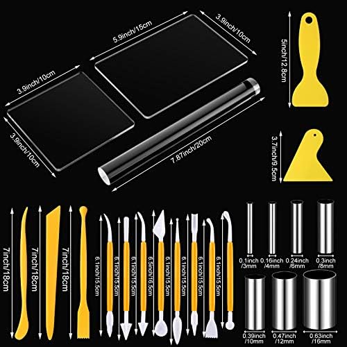 Honoson 23 Pcs Clay Sculpting Tools Set with Roller Cutters,Yellow | Acrylic Mat, Metal Round Cutters, Scraper Board, Ideal for Polymer Clay Crafts, Art Sculpting, Shaping and Modeling Projects