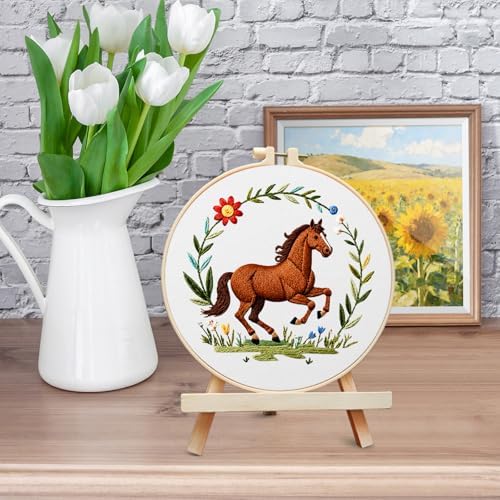 ERKOON Embroidery Kit for Beginners Adult, Cross Stitch Set Include Embroidery Cloth Hoop Threads for Craft Lover Hand Stitch with Embroidery Skill Techniques (Horse)