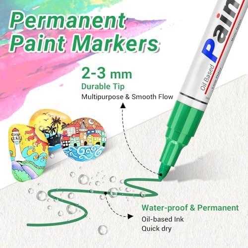 Oil Based Paint Pen, Permanent Paint Marker: Quick-Dry, Waterproof Marker Set of 12 for Rock Painting, Glass, Fabric, Ceramic, Wood, Metal, Mug, Plastic, Stone, Christmas Art Craft Supplies Kit