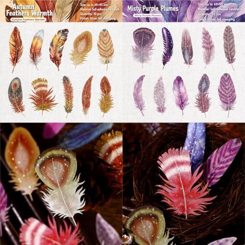 60 Pcs Silver Foil Feather Stickers, 6 Packs Cardstock Plumes