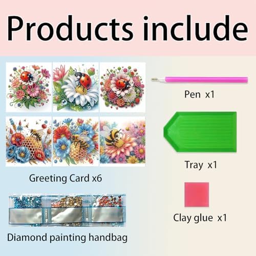 Diamond Art Cards with Envelopes–6PCS DIY Diamond Painting Greeting Cards Kit | Card Making Kit with Bling for Adults & Beginners | Birthday,Holiday & Thank You Cards (Flower Ladybug and Bee)