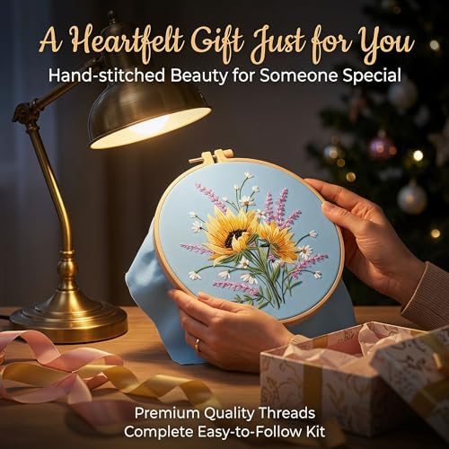 Harimau Adult Beginner Embroidery Starter Kit, Complete Set with 4 Patterns, 2 Hoops, Needles, Scissors, Instruction Guide & Stitching Video Tutorials