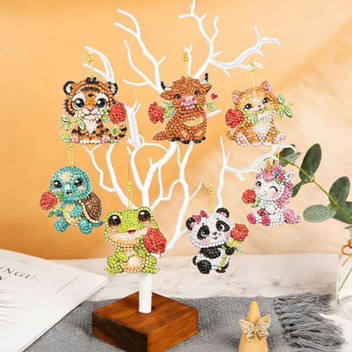 Masendp 8 Piece 5D DIY Animal Diamond Painting Double Sided Keychain Set, Flower Diamond Pendant Hanging Animal Art Decoration for Adult Beginner Pack Birthday Family Party Decoration