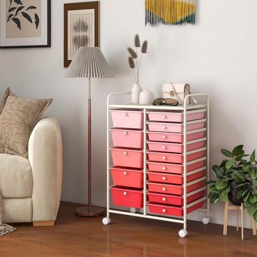 LDAILY 15 Drawer Rolling Storage Cart, Rolling Cart with Drawers for Classroom, Art Supply Craft Organizer on Wheel with Metal Frame & Handles for Home Office School