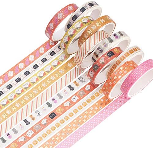 YUBBAEX 10 Rolls Sparkling Washi Tape Set 8mm Skinny Gold Foil Decorative Masking Washi Tapes for Journal,Scrapbook, Planner, DIY Crafts (Sweety Kittens)