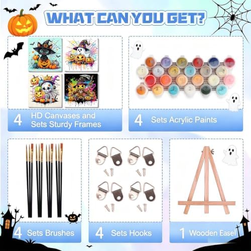 bleihum 4 Pack Halloween Paint by Numbers Kit for Kids with Frame Easel | Ghost Paint by Number Kids Ages 8 12, Easy Black Cat Acrylic Painting for Boys Girls Home Decor 8x8 Inch