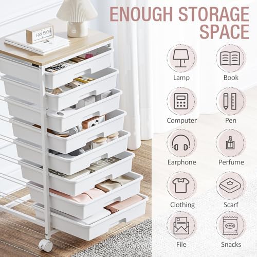 TOOLF Rolling Storage Cart with 8 Drawers,White | Utility Cart on Wheels with Wooden Tabletop,Teacher Organization for Classroom, Art Cart for Office,Bedroom,Craft Room