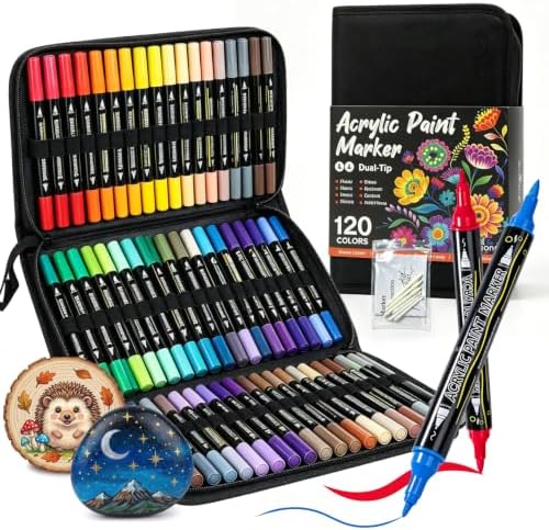 WINSONS 120 Colors Acrylic Paint Markers, Dual Tip with Fine Tip and Brush Tip Pens for Rock Painting Supplies, Canvas, Wood, Calligraphy, Metal, Ceramic, Glass, DIY Crafts Art Supplies Kit