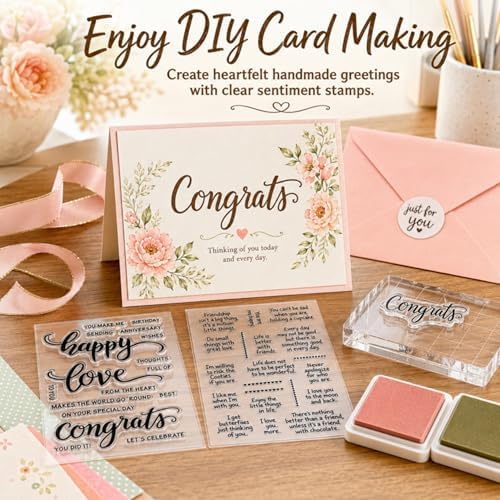 Outus 4 Pcs Clear Sentiment Stamps for Crafts, Silicone Words,Classic | Blessing Set for Card Making Scrapbooking, Photo Album Decoration, Acrylic Block Compatible, DIY Sentiments Phrases Design