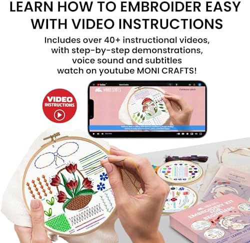 Moni Crafts Adult Beginner Embroidery Kit – 4 Pre-Printed Patterns (Flower, Mushroom, Floral, Heart) – Learn 41 Stitches, Hand Embroidery Starter Craft Set
