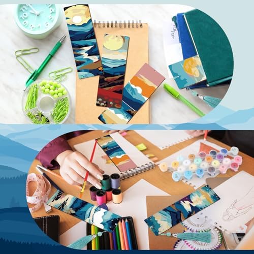 Kosiz 12 Pcs Mountain Paint by Number Kit for Adult Wood Bookmark | Mini Paint by Numbers Kit, Painting Decor, Tassels Blank Bookmarks, for Small DIY Craft Book Lovers Gift 7x2 ''