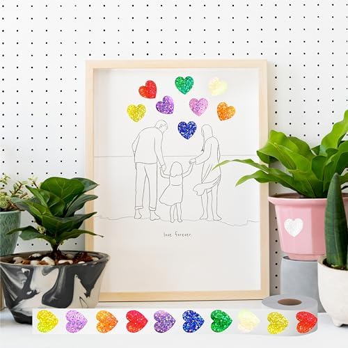500 PCS Glitter Heart Stickers, 8 Colors Metallic Glitter Stickers Self Adhesive Waterproof Reflective Heart Stickers Love Decorative Labels for Wedding, Classroom Teacher Supplies (Each Measures 1”)