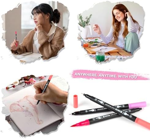 Pink Duo Tip Marker Pens, 12 Fine & Brush Tip Pen For Adult Coloring Books