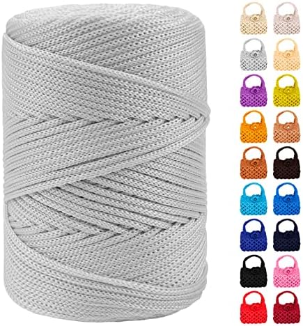 Polyester Macrame Cord 3mm x 185yards, Braided Macrame Cord Polypropylene Silk Cord, Crochet Bag Polyester Yarn for Crocheting, Bag, Wall Hangings, Rug, DIY Crafts (Light White Gray)