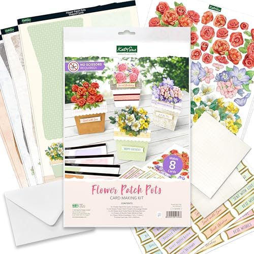 Katy Sue Flower Patch Pots Card Making Kit. 8 Cards, 8 Envelopes, 3 Sheets of Floral Die-Cut Decoupage, Adhesive Pads, & 2 Sheets of Birthday Sentiments Banners for Card Making Supplies