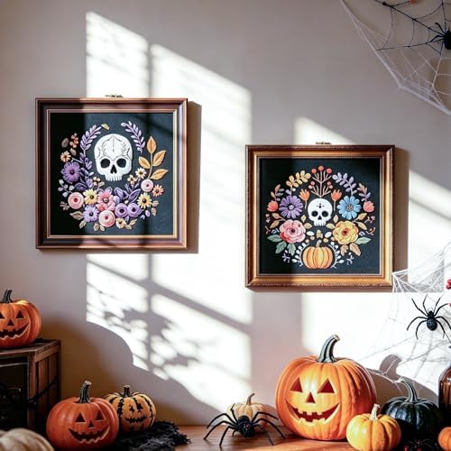 FONNUY Halloween Embroidery Kits for Beginners,Skull Pumpkin Spider Web Floral Stamped Cross Stitch Kit for Adults, Spooky Season Boho Wall Decor, 8'' Hoop (Skull 3)