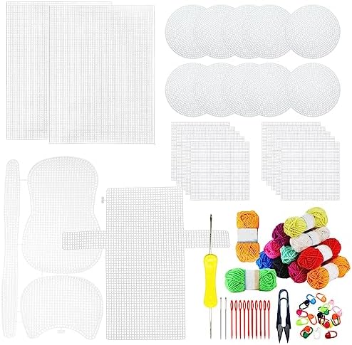 Allazone 59 PCS Mesh Plastic Canvas Sheets Kit Including 24 PCS Clear Plastic Canvas, 12 Color Acrylic Yarn for DIY Crafts Embroidery Cross Stitch, Acrylic Yarn Crafting, Knit and Crochet Projects
