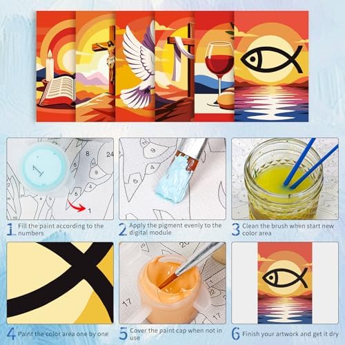 6 Pack Paint by Numbers Kit for Adults, Christian Painting, 8x12 Inch | DIY Adult Paint by Number Kits on Canvas for Beginners, without Frame, ReligionHome Wall Decor, Stress Relief Craft Gift