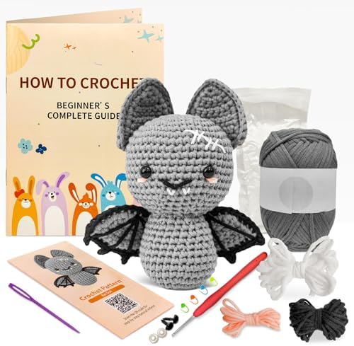 minimal beee Bat Crochet Kit for Beginners - DIY Halloween Craft Gift with Animal Yarn, Easy Knitting Supplies for Adults, Complete Starter Crochet Set with Needles & Instructions
