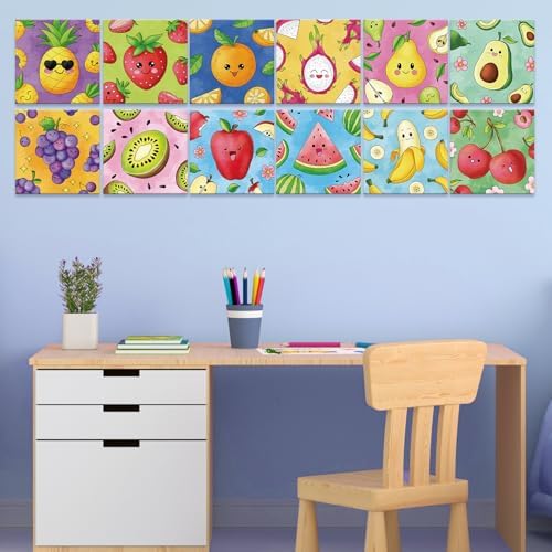Anseal 12 Packs Pre Drawn Canvas to Paint, 4" X 4" Fruits Pre-Printed Paint Party, Pre Stretched Canvas Outline Painting Boards for Paint Lovers, Party Favor (Fruit)